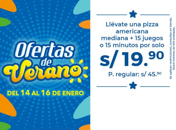 LLÉVATE UNA PIZZA AMERICANA MEDIANA + 15 JUEGOS O 15 MINUTOS POR SOLO S/ 19.90. P. REGULAR: S/ 45.90  - CHUCK E. CHEESE - Plaza Norte