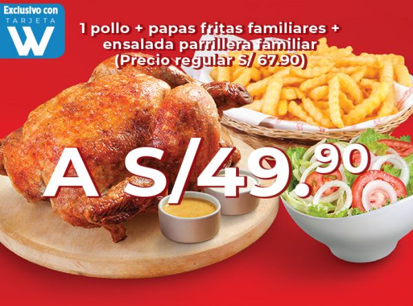 1 pollo + papas fritas familiares + ensalada parrillera familiar A S/49.90  (Precio regular S/ 67.90) - Mediterráneo - Plaza Norte